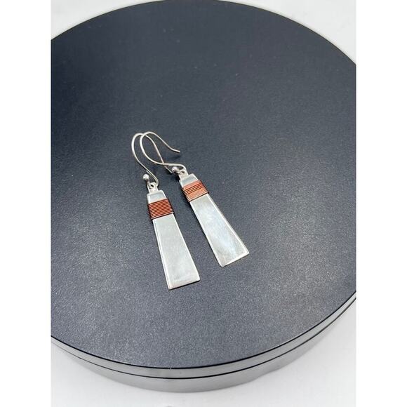 Mexico 925 Designer Signed  
Copper Wrapped Dangle Cone Shaped Earrings - Picture 9 of 12